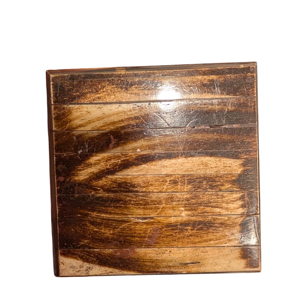 Vintage Trinket Box with Possible Camel Bone Inlay, Brass Fittings Purple Lining - Picture 7 of 13